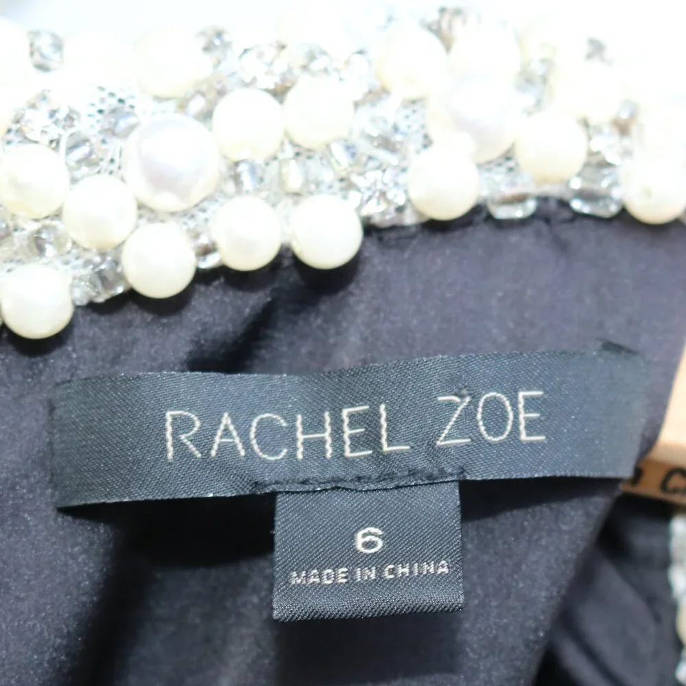 Rachel Zoe Black Pearl Trim Pleated Keyhole Neck Cap Sleeve Sheath  Dress Sz 6 - Picture 6 of 7